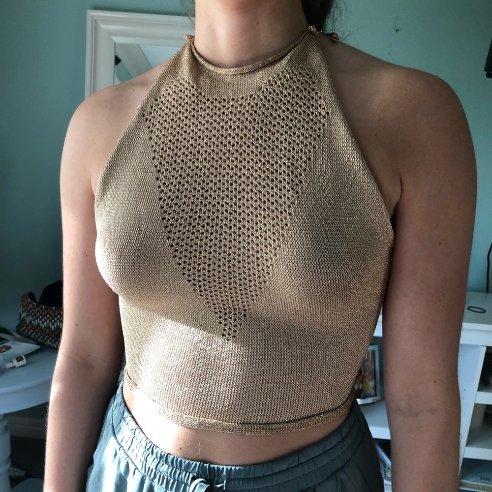 Shimmer gold halter tank top with open back